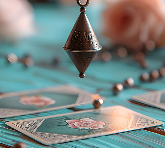 Pendule utilisé sur des cartes d'Oracles - Outils de voyance et guidance