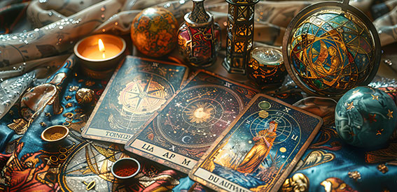 Cartes oracles disposés sur une table avec globes et objets ésothériques de guidance