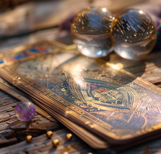 Carte oracles sur une table, outils d'une séance de guidance